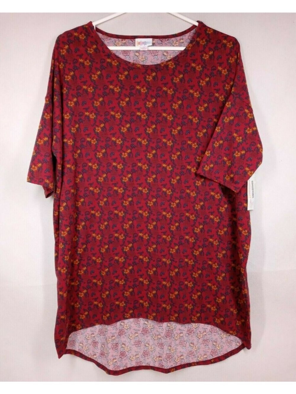 NWT Lularoe Irma Tunic Red With Yellow & Blue Floral Designs Size Small